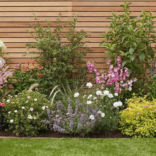 Colourful English-cottage-style garden border with pink penstemon, echinacea, nepeta, white scabious and ornamental grasses beside a wooden fence.