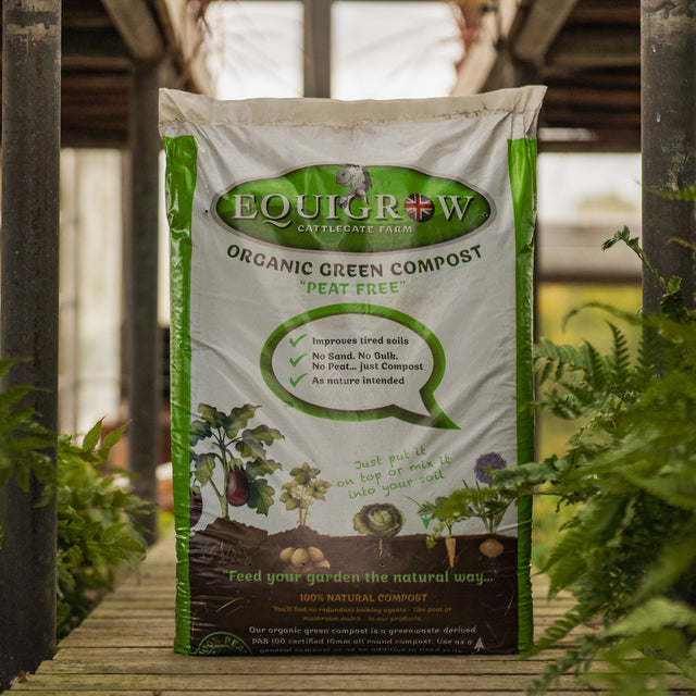 Equigrow peat-free organic green compost bag displayed among garden ferns in a greenhouse.