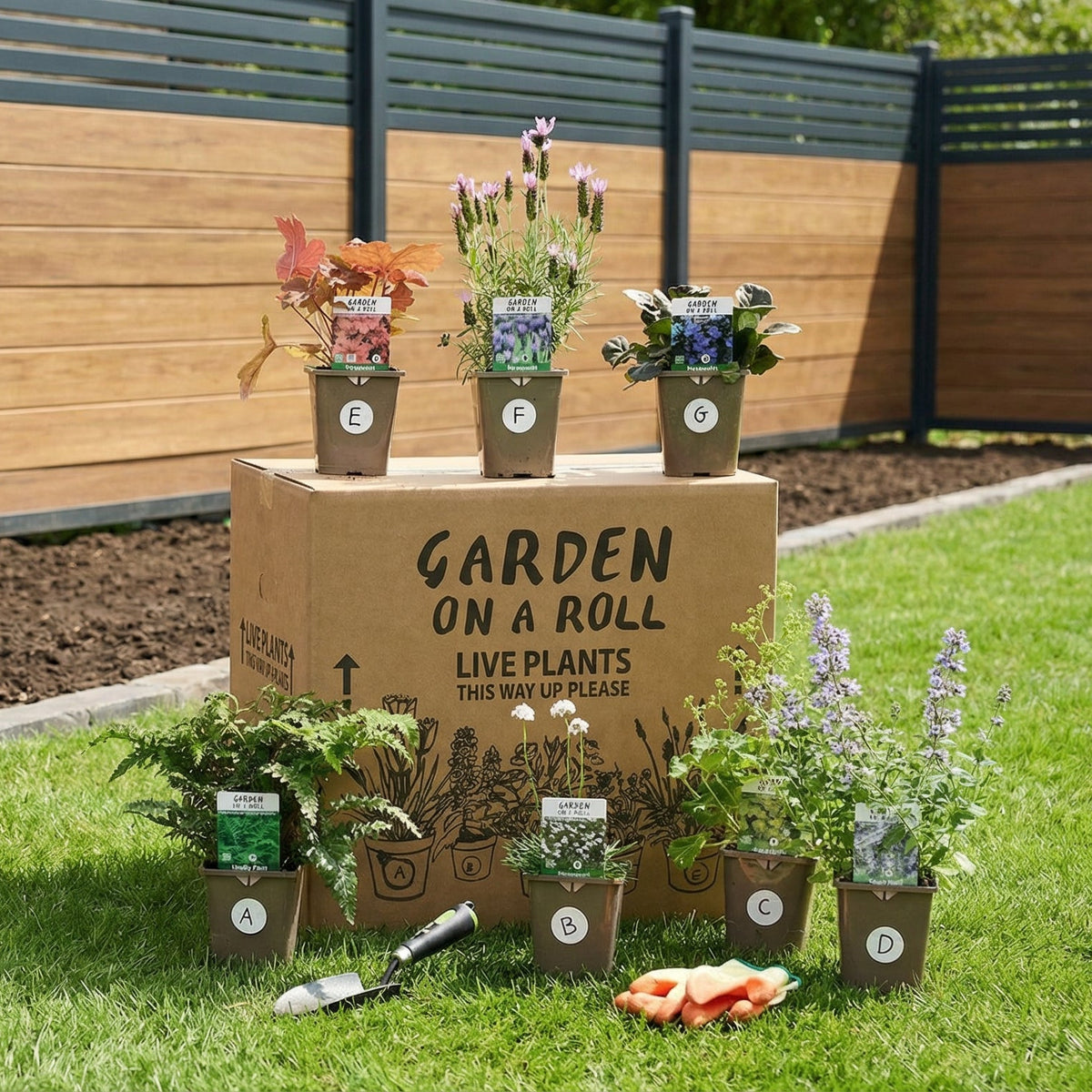 Garden on a Roll border kit with seven labelled garden plants, planting box, hand trowel and gloves ready to plant.