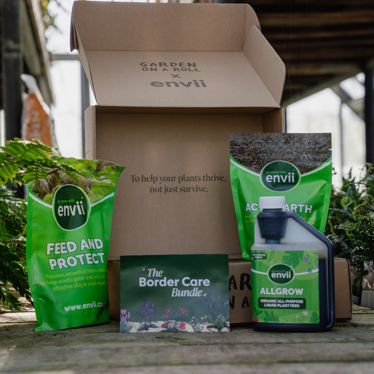 Garden on a Roll x Envii Border Care Bundle with Allgrow, Feed and Protect and Activearth plant care products.