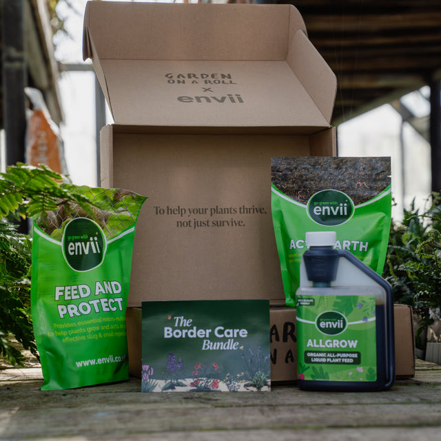 Garden on a Roll x Envii Border Care Bundle with Allgrow, Feed and Protect and Activearth plant care products.
