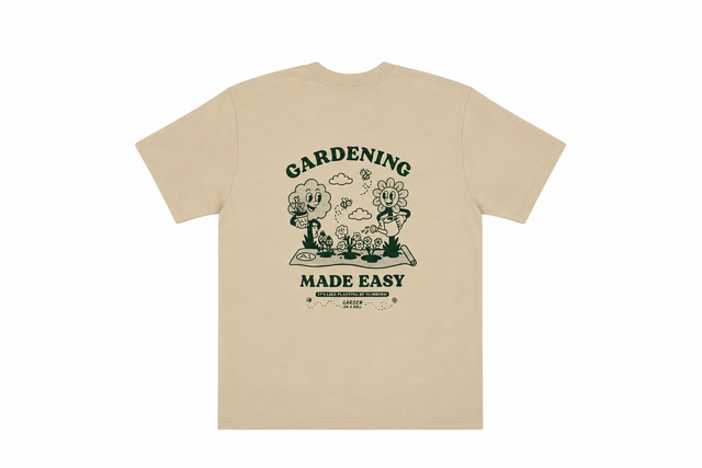 Beige t-shirt with gardening graphic and text on a white background