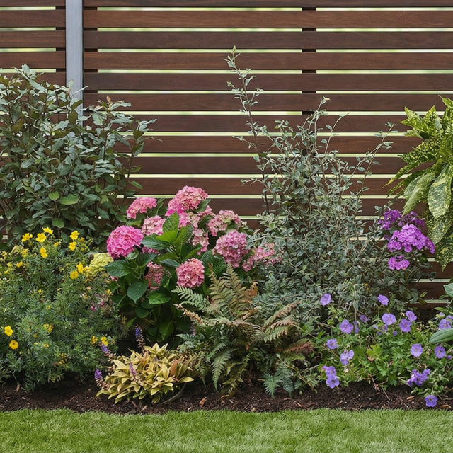 Mature Garden on a Roll shady border with pink hydrangeas, ferns and purple geraniums planted beside a wooden fence.