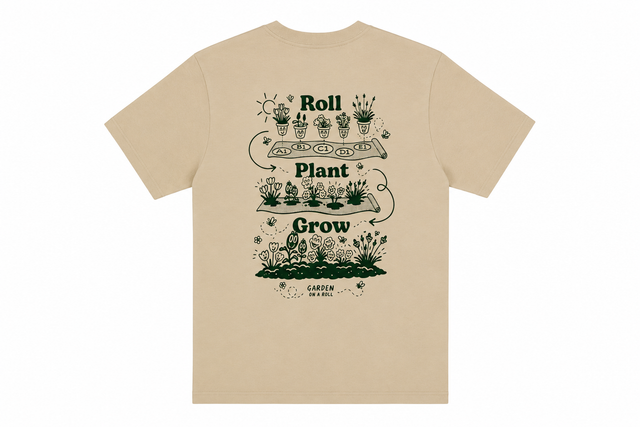 Beige t-shirt with black and green graphic design on a white background
